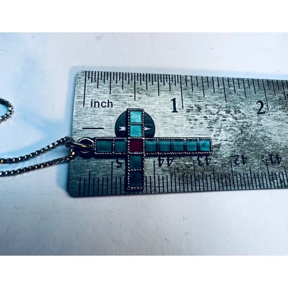 Sterling Silver 925 Cross Necklace Mosaic Inlay Pendant • 16” Italy Chain - Picture 9 of 12